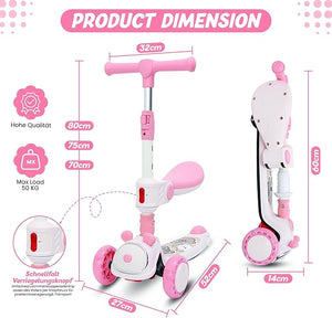 Habib Gruppe Kinderroller Tretroller - 2 - in - 1 Faltbarer Scooter mit Sitz, LED Rädern, Verstellbar & Leicht (1 - 12 Jahre) - Sicher & Robust - Europebazar