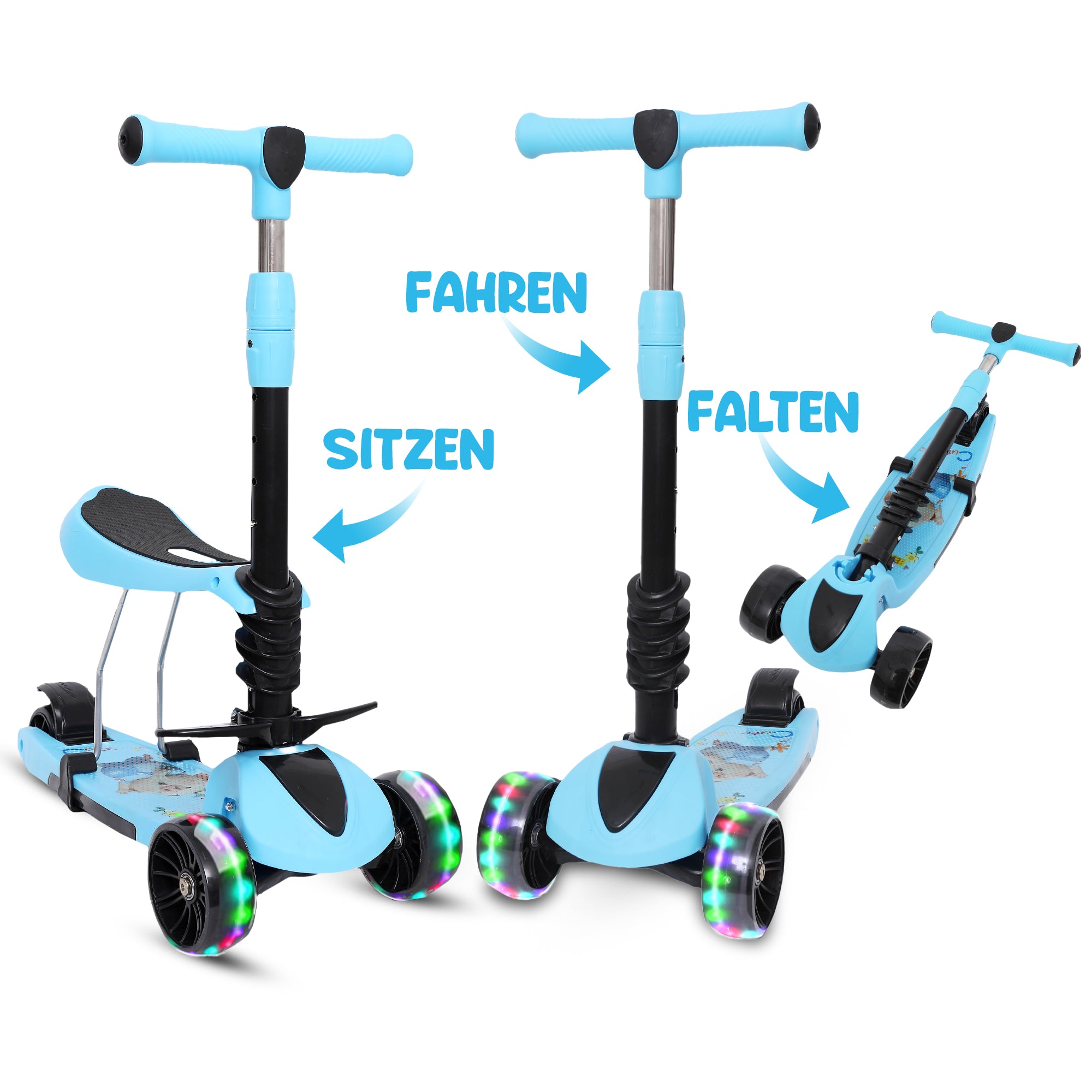 Habib 3-Rad Kinderroller mit LED Rädern & Sitz | Faltbar Höhenverstellbar