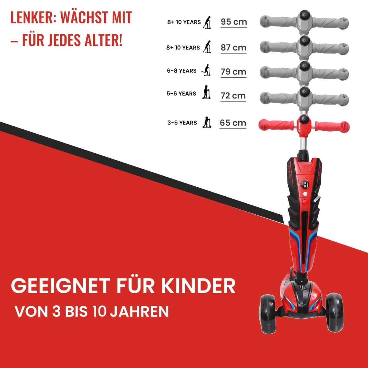 Habib 3-Rad Roller mit LED-Licht | Kinderroller 3-10 Jahre, bis 95 cm - HabibSport