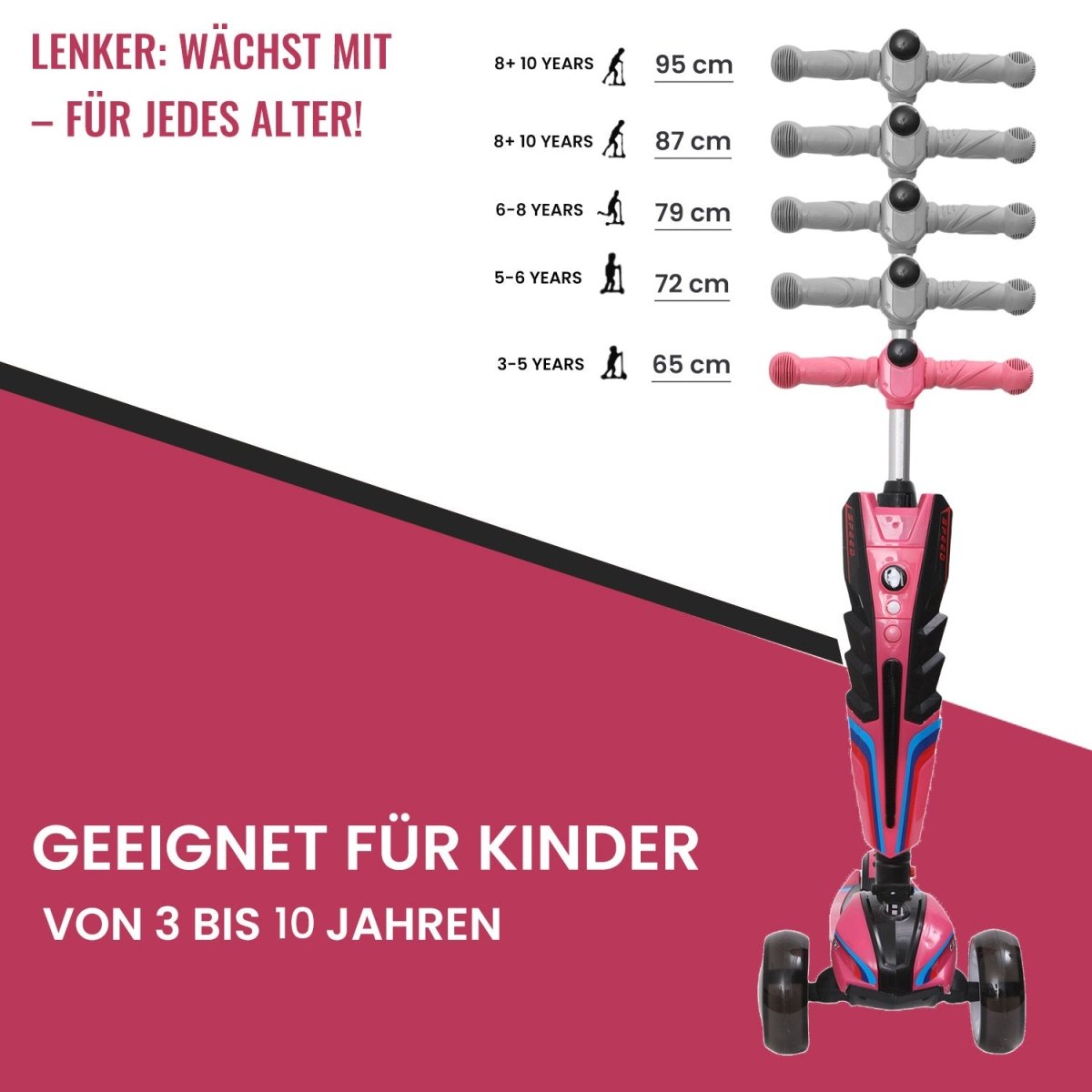 Habib 3-Rad Roller mit LED-Licht | Kinderroller 3-10 Jahre, bis 95 cm - HabibSport