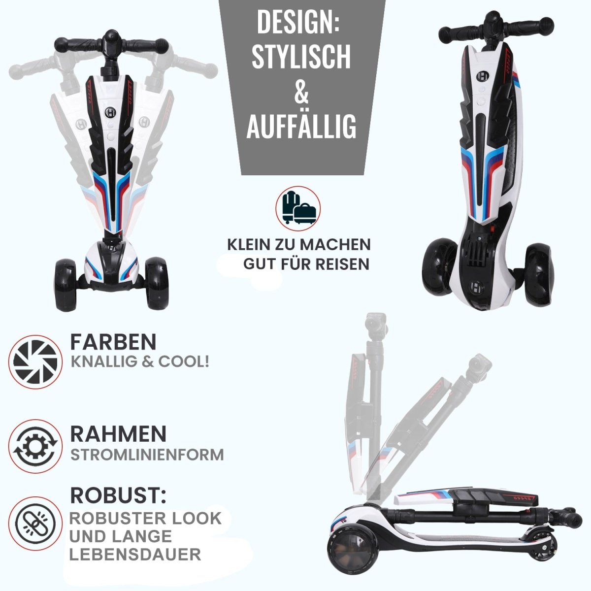 Habib 3-Rad Roller mit LED-Licht | Kinderroller 3-10 Jahre, bis 95 cm - HabibSport