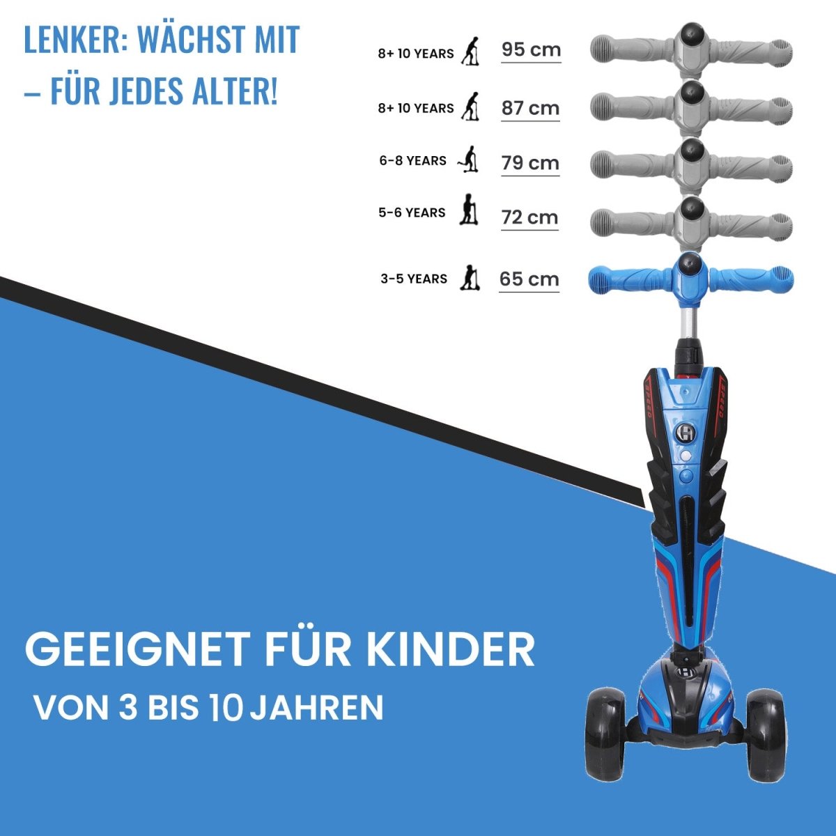 Habib 3-Rad Roller mit LED-Licht | Kinderroller 3-10 Jahre, bis 95 cm - HabibSport