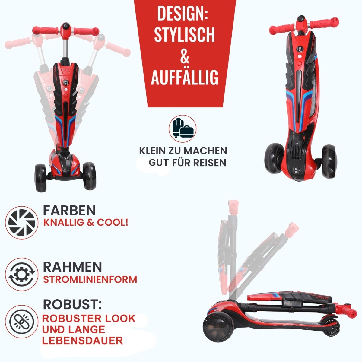 Habib 3-Rad Roller mit LED-Licht | Kinderroller 3-10 Jahre, bis 95 cm - HabibSport