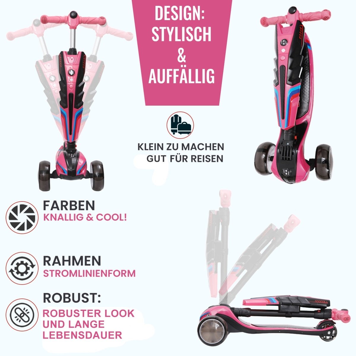 Habib 3-Rad Roller mit LED-Licht | Kinderroller 3-10 Jahre, bis 95 cm - HabibSport