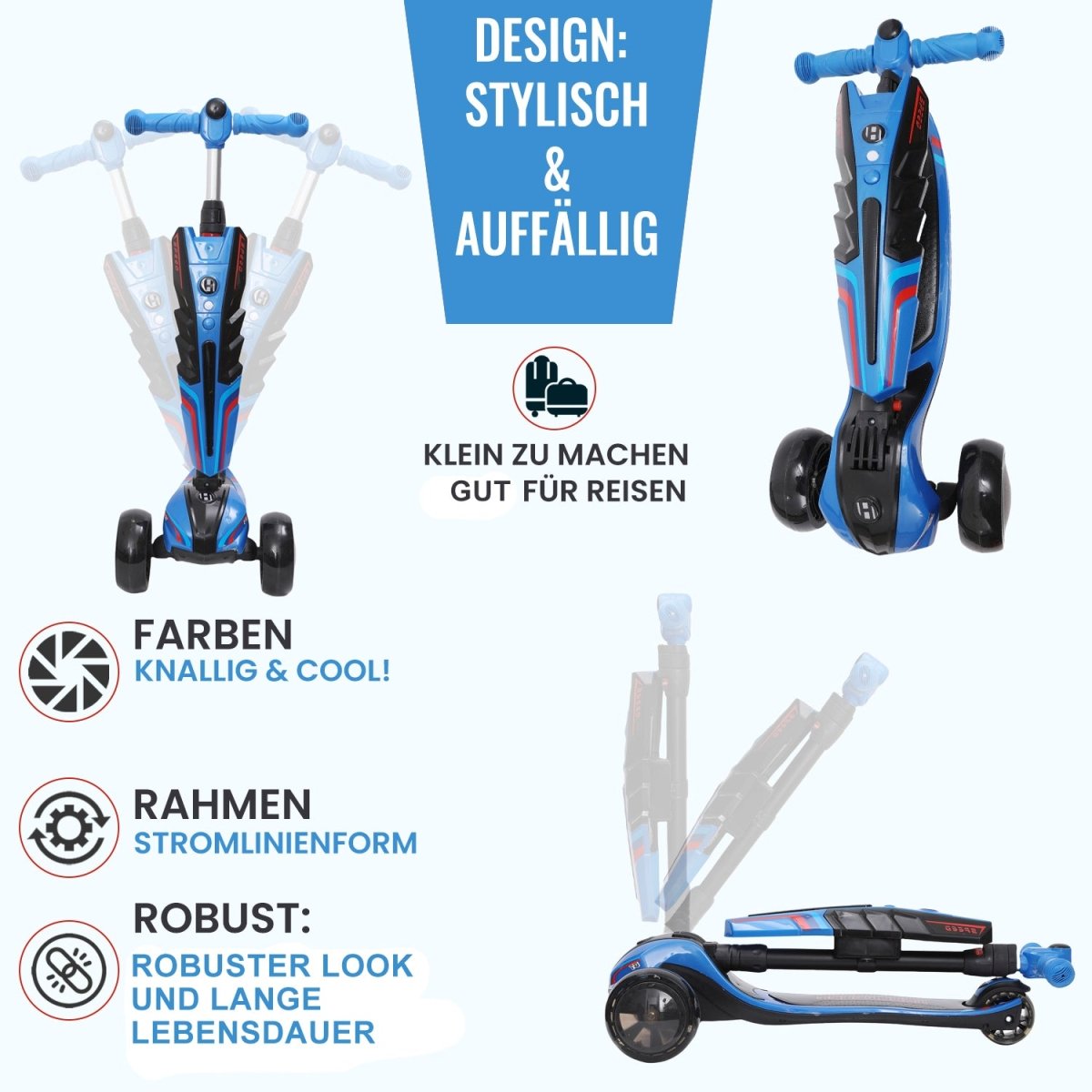 Habib 3-Rad Roller mit LED-Licht | Kinderroller 3-10 Jahre, bis 95 cm - HabibSport