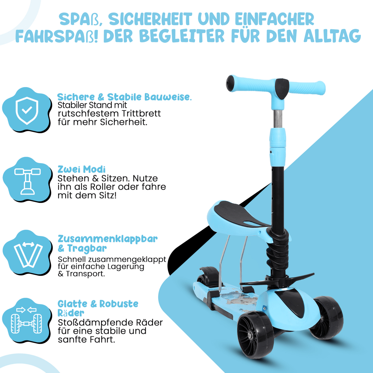 Habib 3in1 Kinderroller ab 3 Jahre | Sitz Fußstützen klappbar LED Räder - HabibSport
