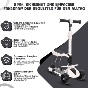 Habib 3in1 Kinderroller ab 3 Jahre | Sitz Fußstützen klappbar LED Räder - HabibSport