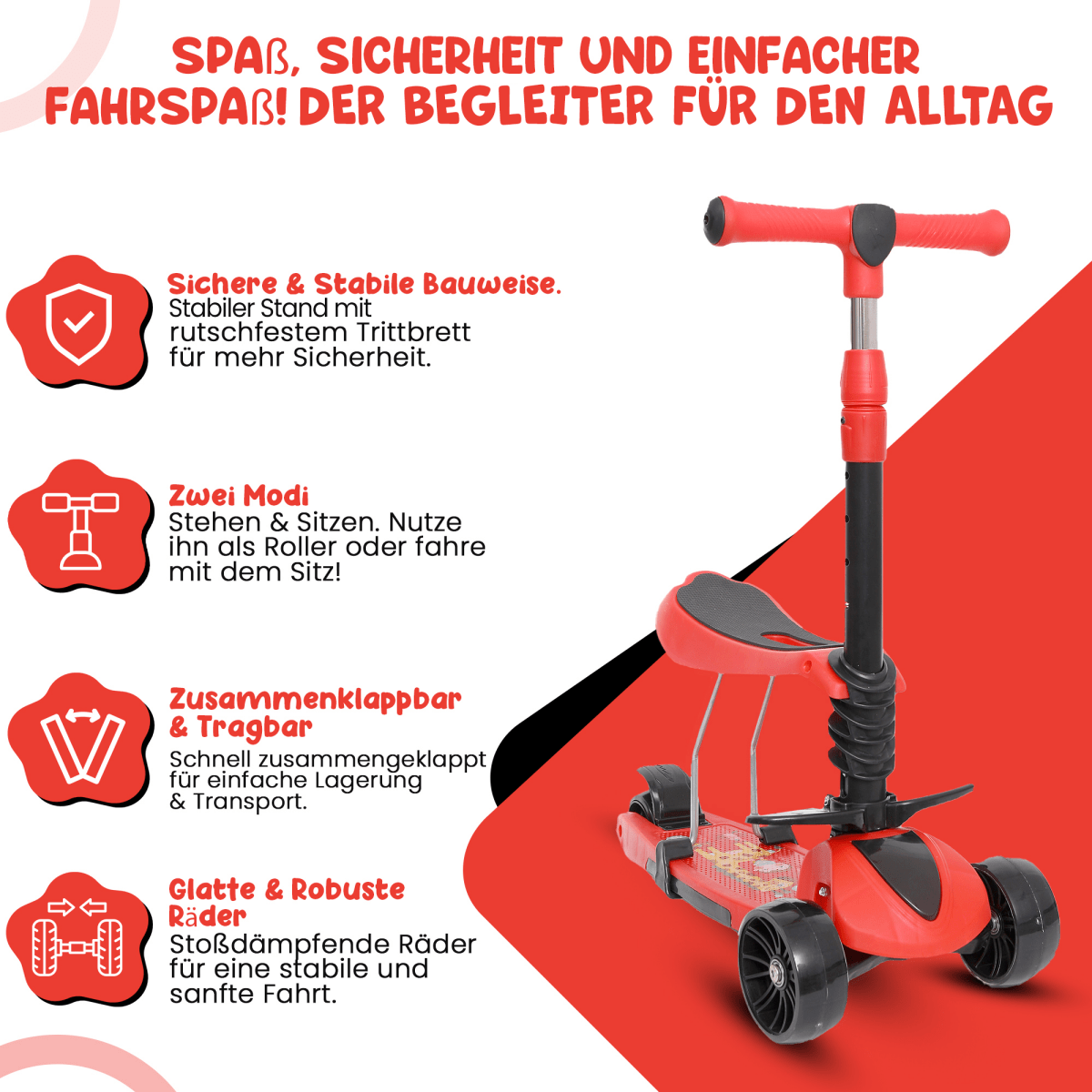 Habib 3in1 Kinderroller ab 3 Jahre | Sitz Fußstützen klappbar LED Räder - HabibSport