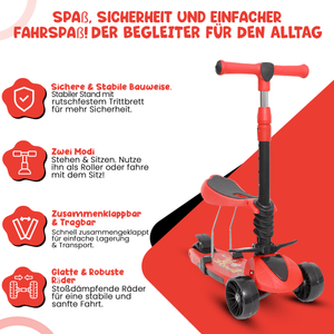 Habib 3in1 Kinderroller ab 3 Jahre | Sitz Fußstützen klappbar LED Räder - HabibSport