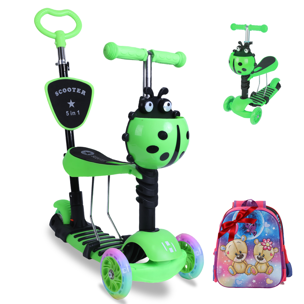 Habib 5 - in - 1 Kinderroller mit Sitz & passendem 3D - Kinderrucksack – Mitwachsender 3 - Rad Scooter mit Schubstange, LED Rädern & Rückenlehne, höhenverstellbar für Kleinkinder Jungen & Mädchen 2 - 8 Jahre - Europebazar
