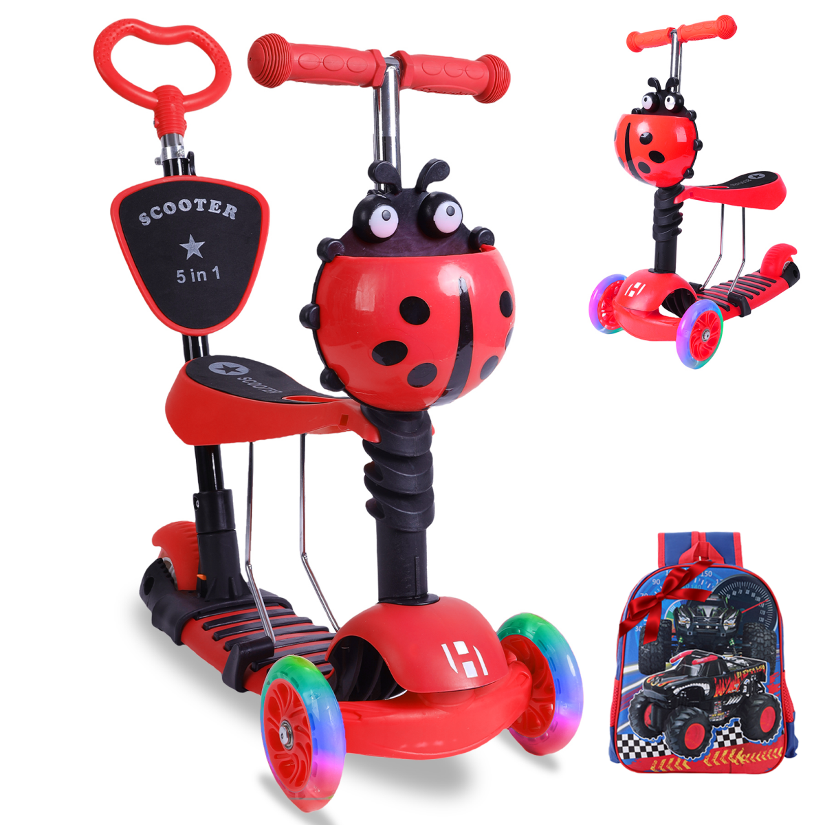 Habib 5 - in - 1 Kinderroller mit Sitz & passendem 3D - Kinderrucksack – Mitwachsender 3 - Rad Scooter mit Schubstange, LED Rädern & Rückenlehne, höhenverstellbar für Kleinkinder Jungen & Mädchen 2 - 8 Jahre - Europebazar