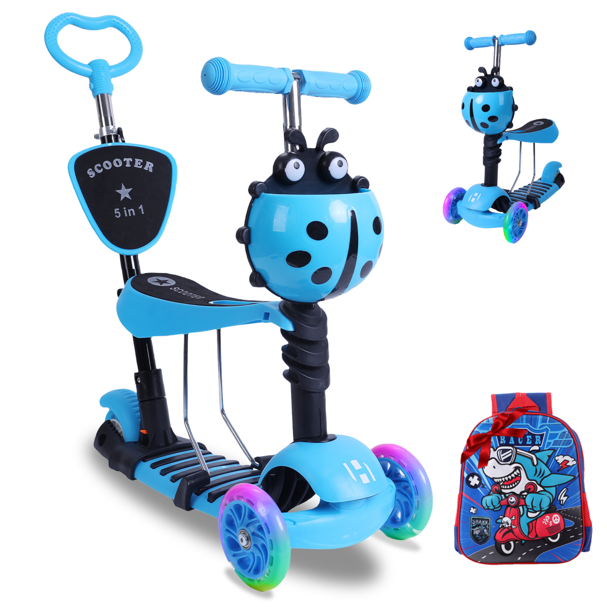 Habib 5 - in - 1 Kinderroller mit Sitz & passendem 3D - Kinderrucksack – Mitwachsender 3 - Rad Scooter mit Schubstange, LED Rädern & Rückenlehne, höhenverstellbar für Kleinkinder Jungen & Mädchen 2 - 8 Jahre - Europebazar