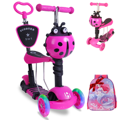 Habib 5 - in - 1 Kinderroller mit Sitz & passendem 3D - Kinderrucksack – Mitwachsender 3 - Rad Scooter mit Schubstange, LED Rädern & Rückenlehne, höhenverstellbar für Kleinkinder Jungen & Mädchen 2 - 8 Jahre - Europebazar