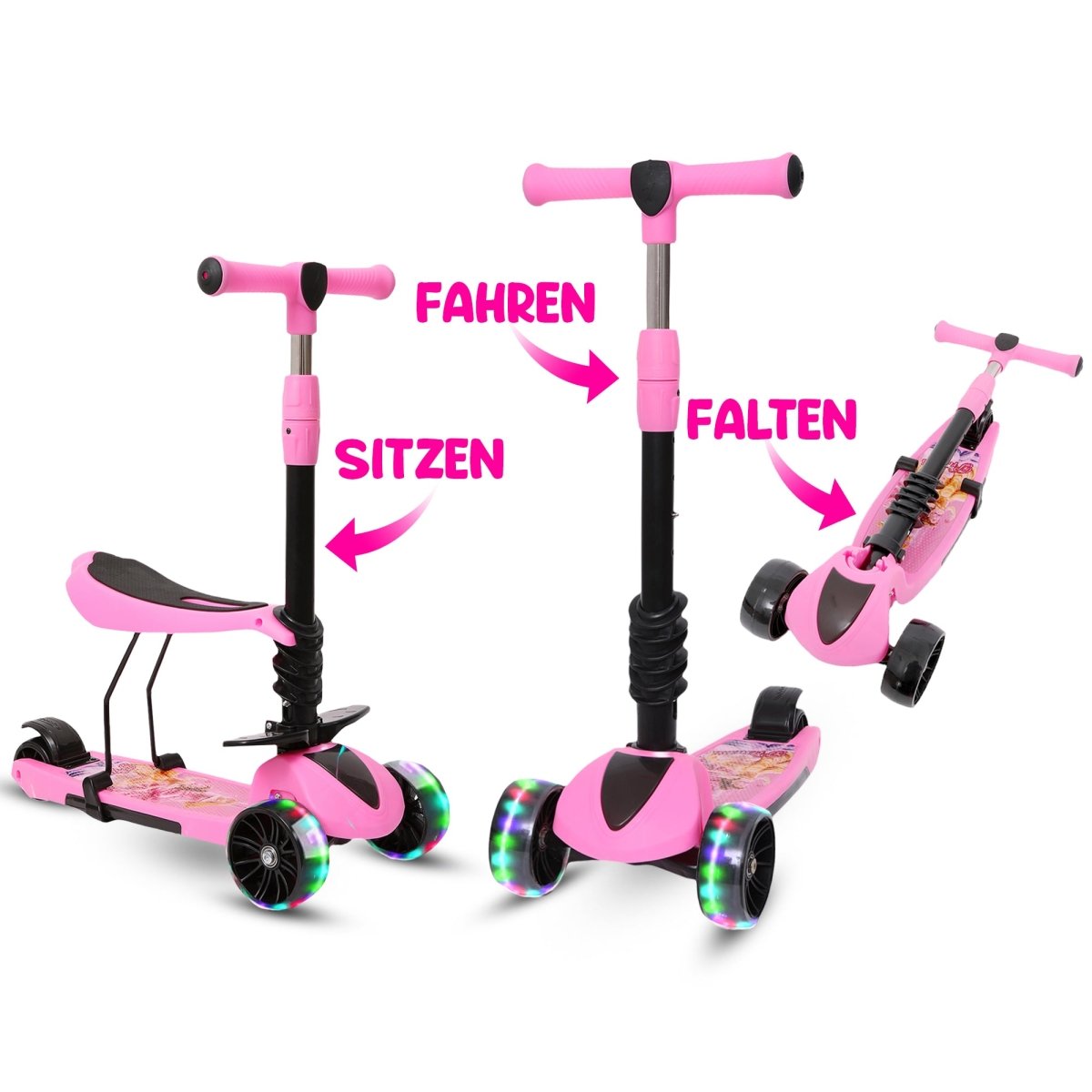 Habib Gruppe 3 - in - 1 Kinderroller mit Sitz - Dreirad Tretroller, Faltbar, Höhenverstellbar, LED Räder, Kinderroller ab 3 Jahren (Bis 50kg) - Europebazar