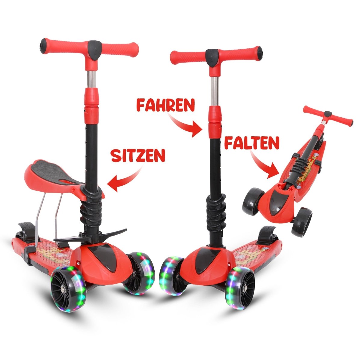 Habib Gruppe 3 - in - 1 Kinderroller mit Sitz - Dreirad Tretroller, Faltbar, Höhenverstellbar, LED Räder, Kinderroller ab 3 Jahren (Bis 50kg) - Europebazar