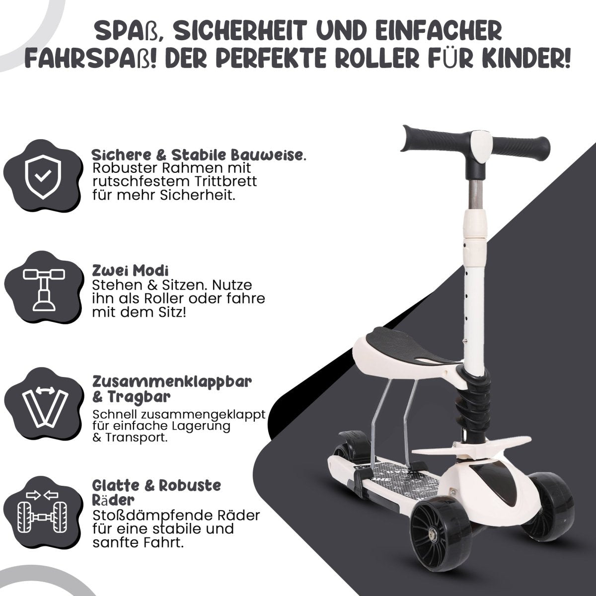 Habib Gruppe 3 - Rad Kinderroller mit LED Rädern & Sitz | Faltbar Höhenverstellbar - Europebazar