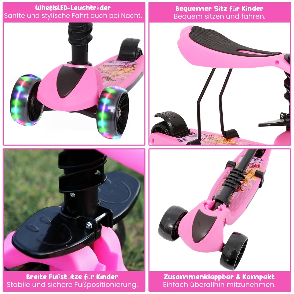 Habib Gruppe 3 - Rad Kinderroller mit LED Rädern & Sitz | Faltbar Höhenverstellbar - Europebazar