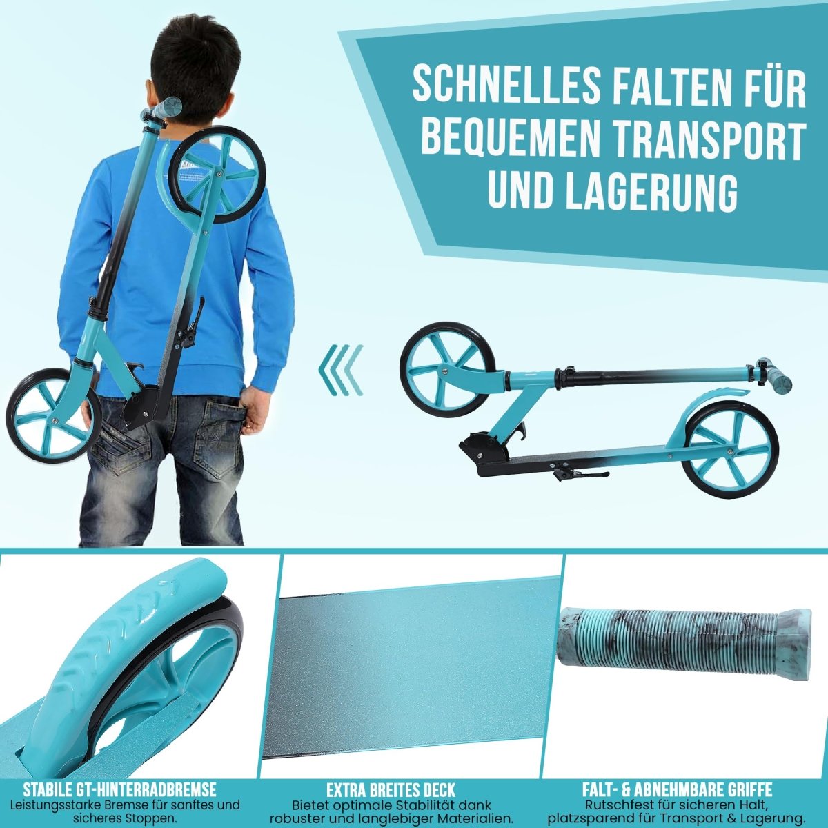 Habib Gruppe Cityroller - Kick Scooter - Kinderroller für Kinder und Jugendliche Zertifiziert vom TÜV Süd - Faltbarer Aluminium - Tretroller Höhenverstellbar - 200mm Räder - Tragbar - ab 10 Jahren - Europebazar