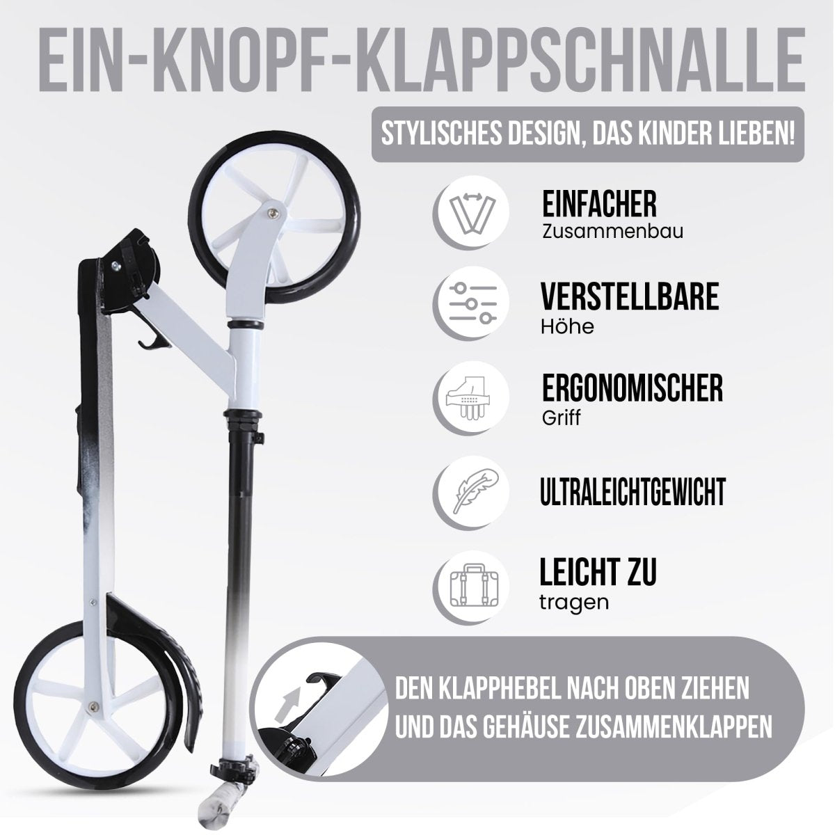 Habib Gruppe Cityroller - Kick Scooter - Kinderroller für Kinder und Jugendliche Zertifiziert vom TÜV Süd - Faltbarer Aluminium - Tretroller Höhenverstellbar - 200mm Räder - Tragbar - ab 10 Jahren - Europebazar