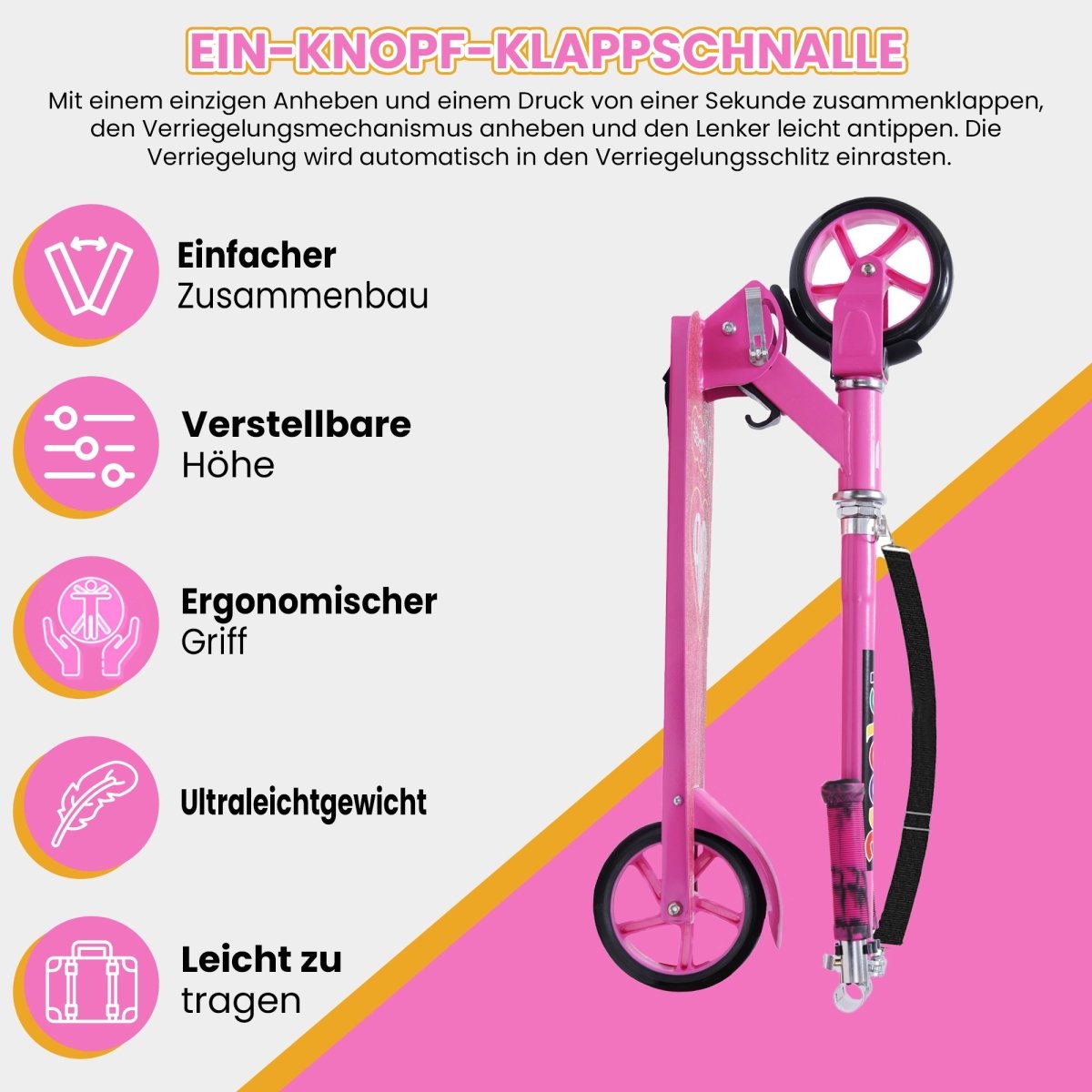 Habib Gruppe Cityroller Tretroller Scooter Kinderroller Jugendroller (6 - 16 Jahre) Zusammenklappbar Tragbar Roller Breites Deck Höhenverstellbar Bunte Griffe - Europebazar