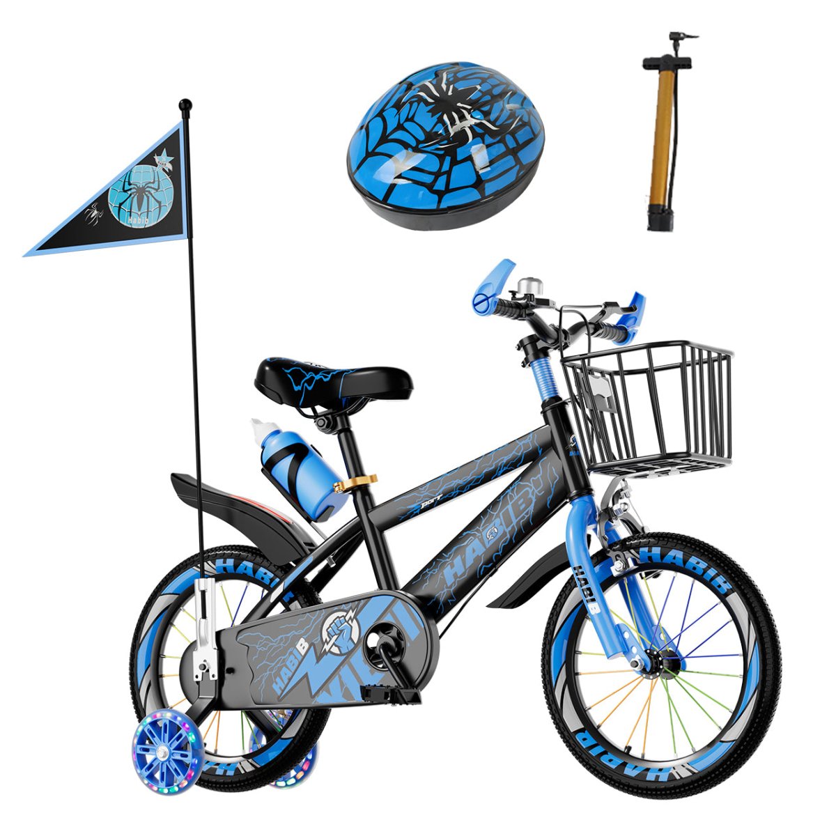 Habib Gruppe Kinderfahrrad Jungenfahrrad 12 14 16 Zoll ab 3 Jahre – mit LED Stützrädern, Korb, Klingel & GRATIS Helm & Pumpe, Vorderradbremse - Europebazar