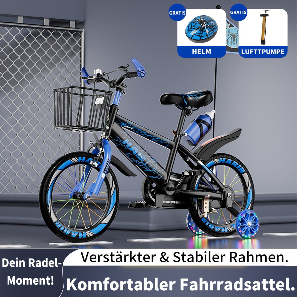 Habib Gruppe Kinderfahrrad Jungenfahrrad 12 14 16 Zoll ab 3 Jahre – mit LED Stützrädern, Korb, Klingel & GRATIS Helm & Pumpe, Vorderradbremse - Europebazar