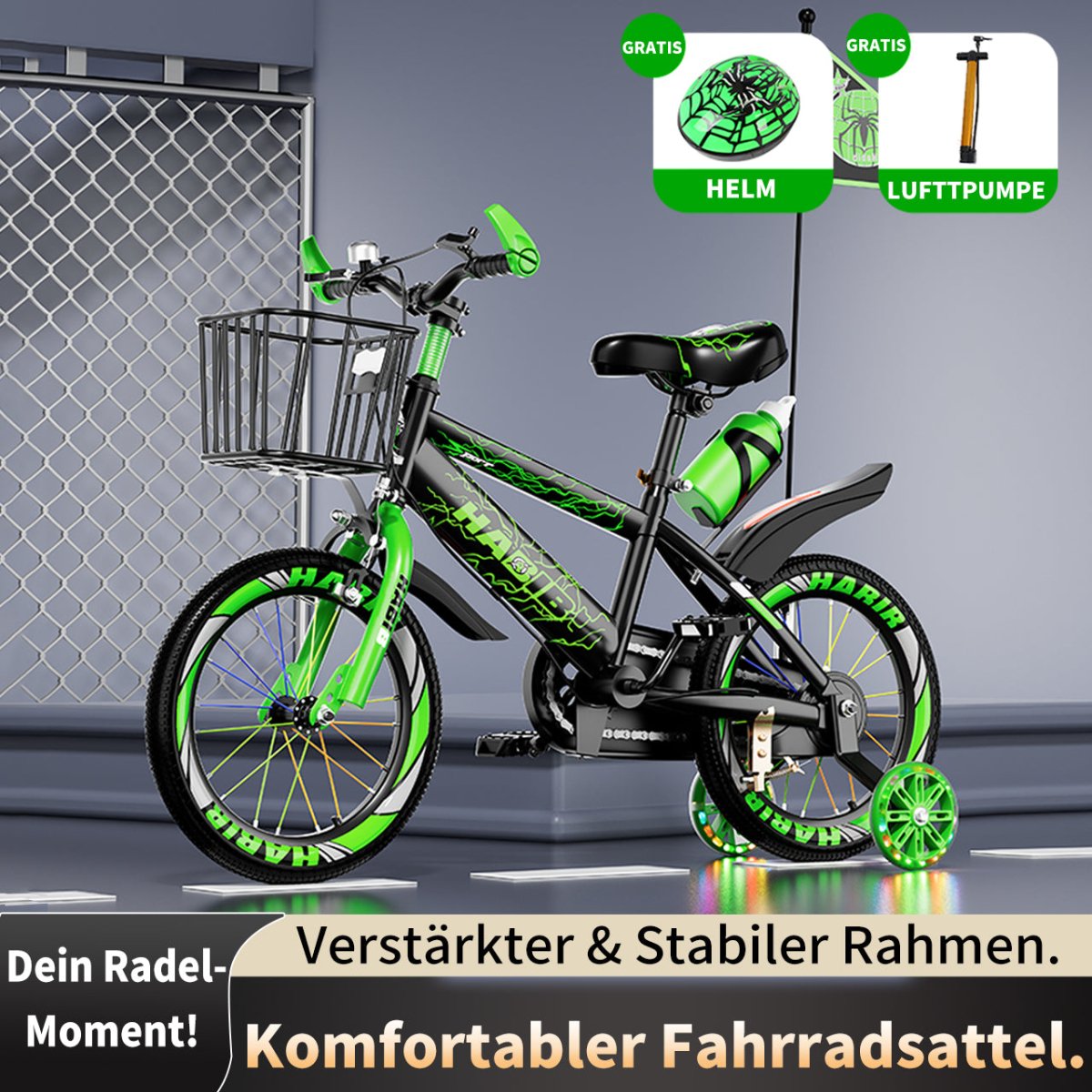 Habib Gruppe Kinderfahrrad Jungenfahrrad 12 14 16 Zoll ab 3 Jahre – mit LED Stützrädern, Korb, Klingel & GRATIS Helm & Pumpe, Vorderradbremse - Europebazar