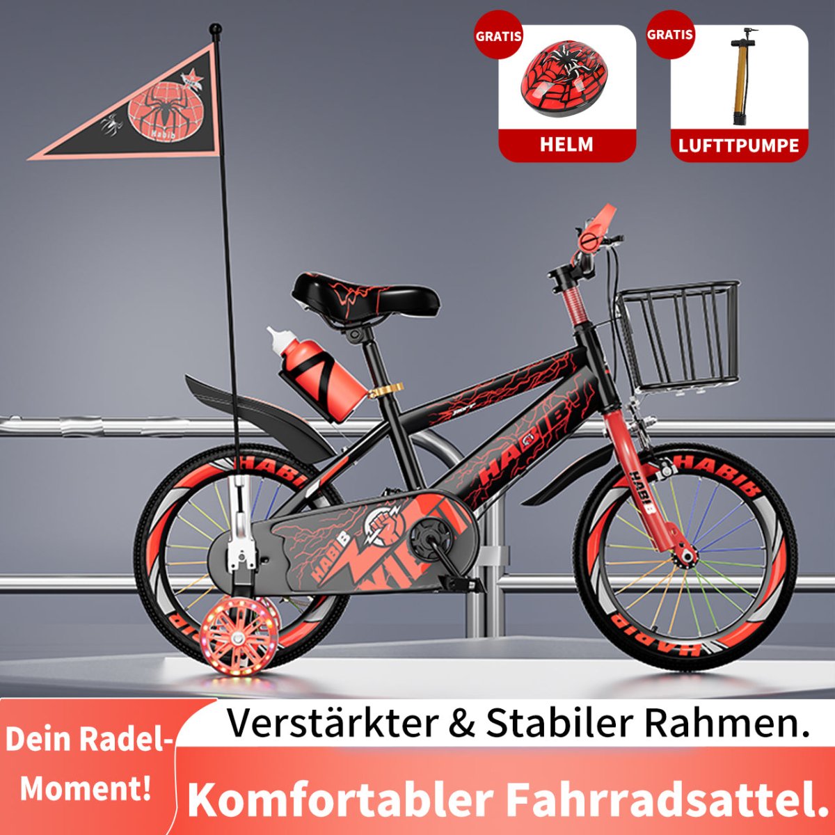 Habib Gruppe Kinderfahrrad Jungenfahrrad 12 14 16 Zoll ab 3 Jahre – mit LED Stützrädern, Korb, Klingel & GRATIS Helm & Pumpe, Vorderradbremse - Europebazar