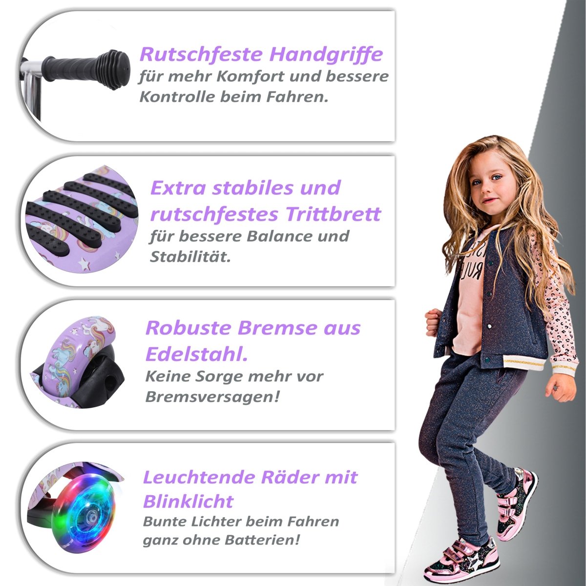 Habib Gruppe Kinderroller, 3 - Räder, Kinderscooter für Jungen & Mädchen 3 - 8 Jahre mit LED - Rädern, Höhenverstellung, rutschfest, Max. 50 KG - Europebazar