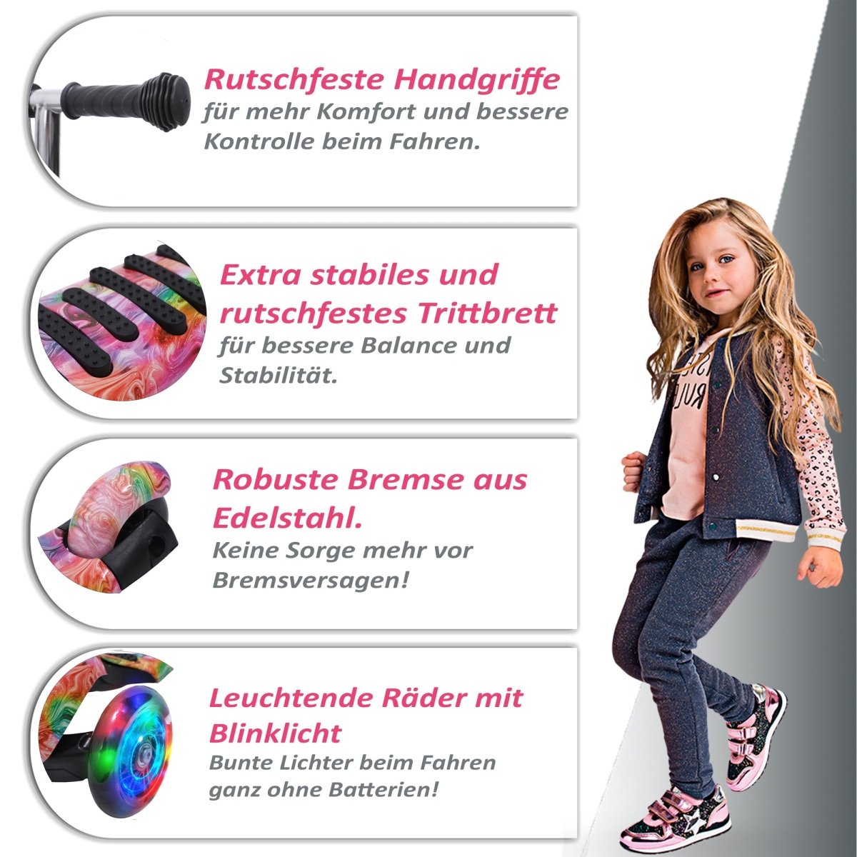 Habib Gruppe Kinderroller, 3 - Räder, Kinderscooter für Jungen & Mädchen 3 - 8 Jahre mit LED - Rädern, Höhenverstellung, rutschfest, Max. 50 KG - Europebazar