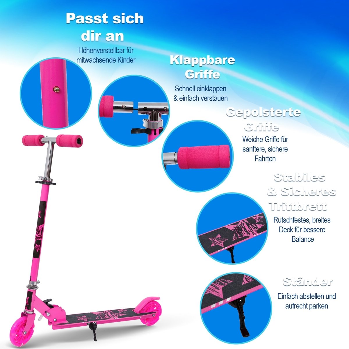 Habib Gruppe Kinderroller mit LED Rädern | Klappbar & 4 - fach Verstellbar - Europebazar