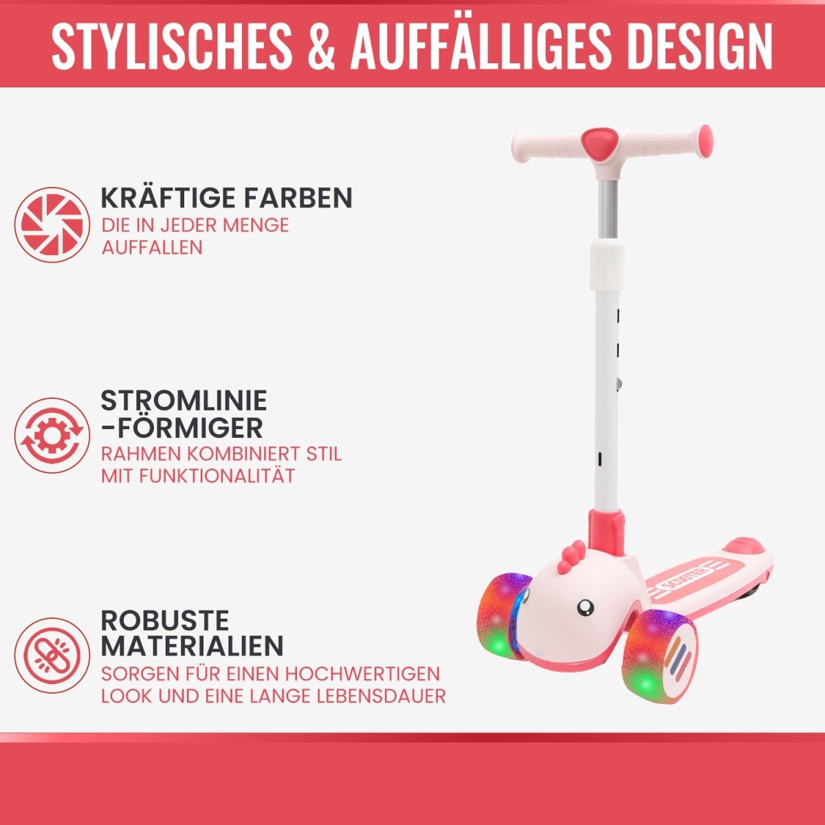 Habib Gruppe Kinderroller mit Tier - Design | 3 - Rad, LED - Licht & Faltbar - Europebazar