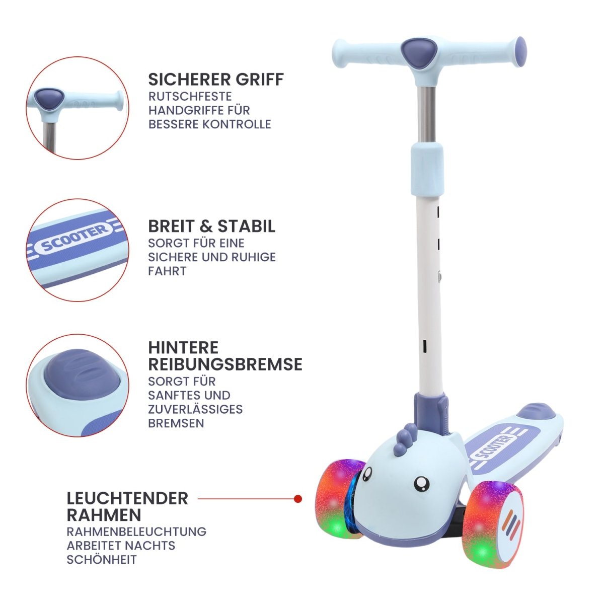 Habib Gruppe Kinderroller mit Tier - Design | 3 - Rad, LED - Licht & Faltbar - Europebazar