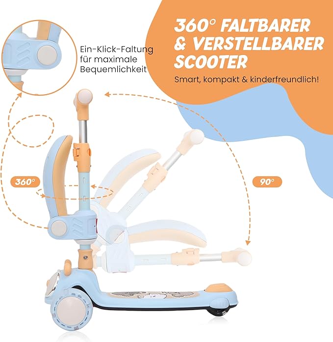 Habib Gruppe Kinderroller Tretroller - 2 - in - 1 Faltbarer Scooter mit Sitz, LED Rädern, Verstellbar & Leicht (1 - 12 Jahre) - Sicher & Robust - Europebazar