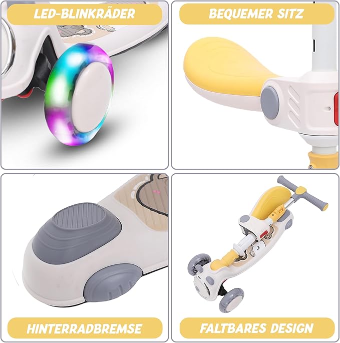 Habib Gruppe Kinderroller Tretroller - 2 - in - 1 Faltbarer Scooter mit Sitz, LED Rädern, Verstellbar & Leicht (1 - 12 Jahre) - Sicher & Robust - Europebazar