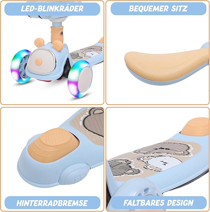 Habib Gruppe Kinderroller Tretroller - 2 - in - 1 Faltbarer Scooter mit Sitz, LED Rädern, Verstellbar & Leicht (1 - 12 Jahre) - Sicher & Robust - Europebazar