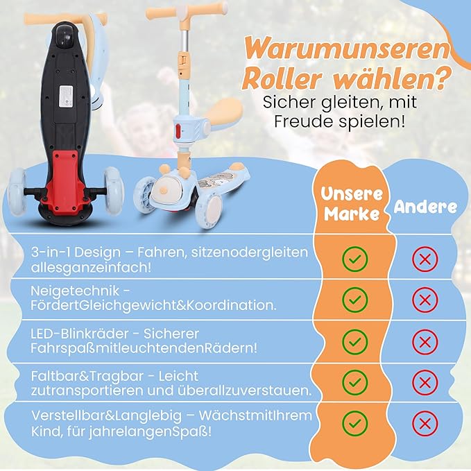 Habib Gruppe Kinderroller Tretroller - 2 - in - 1 Faltbarer Scooter mit Sitz, LED Rädern, Verstellbar & Leicht (1 - 12 Jahre) - Sicher & Robust - Europebazar