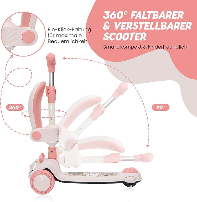 Habib Gruppe Kinderroller Tretroller - 2 - in - 1 Faltbarer Scooter mit Sitz, LED Rädern, Verstellbar & Leicht (1 - 12 Jahre) - Sicher & Robust - Europebazar