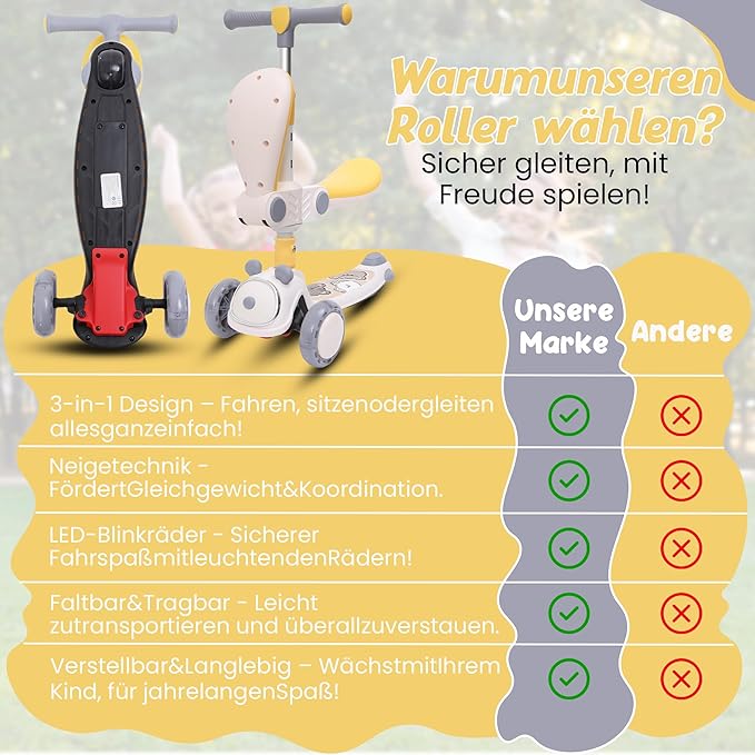 Habib Gruppe Kinderroller Tretroller - 2 - in - 1 Faltbarer Scooter mit Sitz, LED Rädern, Verstellbar & Leicht (1 - 12 Jahre) - Sicher & Robust - Europebazar