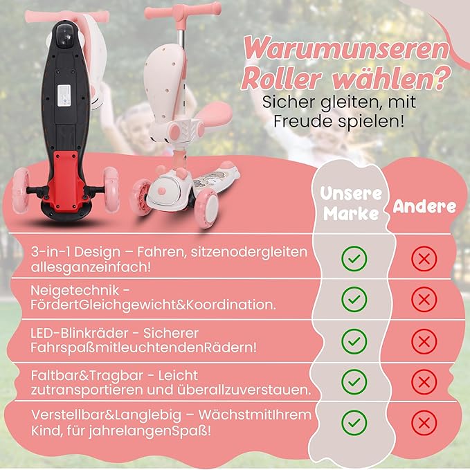 Habib Gruppe Kinderroller Tretroller - 2 - in - 1 Faltbarer Scooter mit Sitz, LED Rädern, Verstellbar & Leicht (1 - 12 Jahre) - Sicher & Robust - Europebazar
