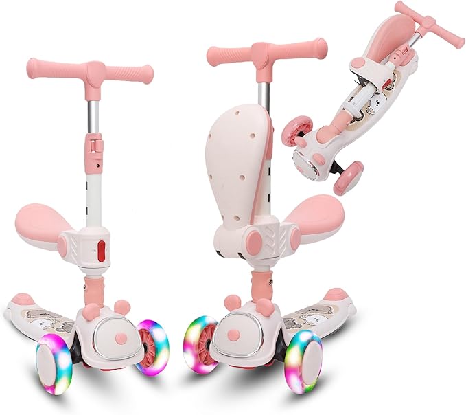 Habib Gruppe Kinderroller Tretroller - 2 - in - 1 Faltbarer Scooter mit Sitz, LED Rädern, Verstellbar & Leicht (1 - 12 Jahre) - Sicher & Robust - Europebazar