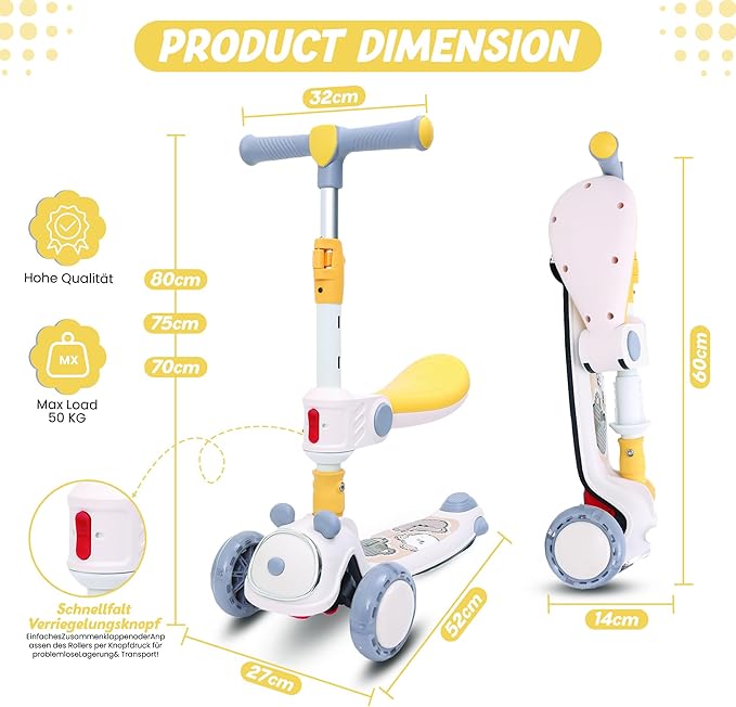Habib Gruppe Kinderroller Tretroller - 2 - in - 1 Faltbarer Scooter mit Sitz, LED Rädern, Verstellbar & Leicht (1 - 12 Jahre) - Sicher & Robust - Europebazar