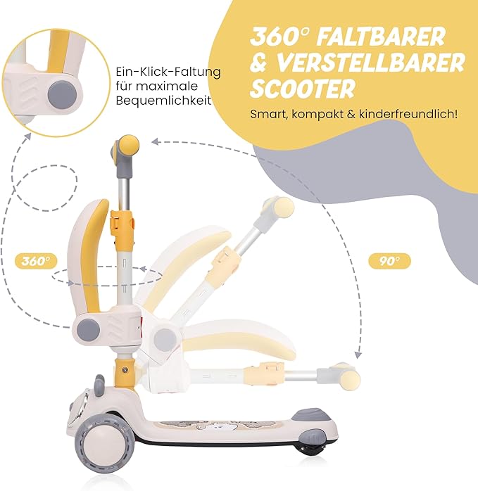 Habib Gruppe Kinderroller Tretroller - 2 - in - 1 Faltbarer Scooter mit Sitz, LED Rädern, Verstellbar & Leicht (1 - 12 Jahre) - Sicher & Robust - Europebazar