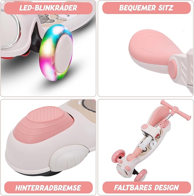 Habib Gruppe Kinderroller Tretroller - 2 - in - 1 Faltbarer Scooter mit Sitz, LED Rädern, Verstellbar & Leicht (1 - 12 Jahre) - Sicher & Robust - Europebazar