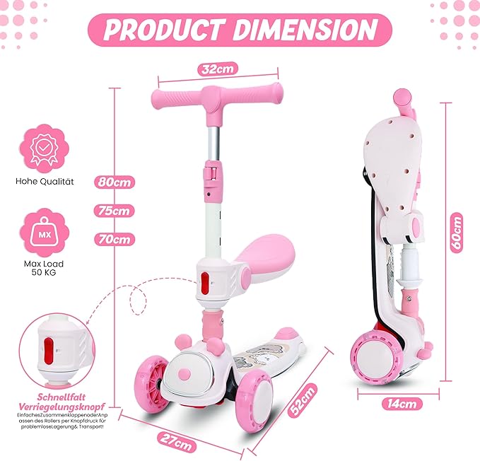 Habib Gruppe Kinderroller Tretroller - 2 - in - 1 Faltbarer Scooter mit Sitz, LED Rädern, Verstellbar & Leicht (1 - 12 Jahre) - Sicher & Robust - Europebazar
