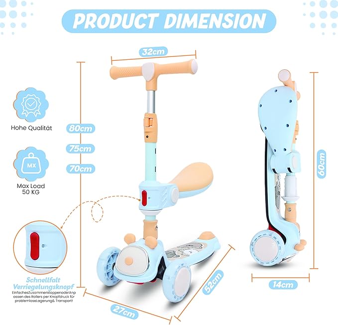Habib Gruppe Kinderroller Tretroller - 2 - in - 1 Faltbarer Scooter mit Sitz, LED Rädern, Verstellbar & Leicht (1 - 12 Jahre) - Sicher & Robust - Europebazar