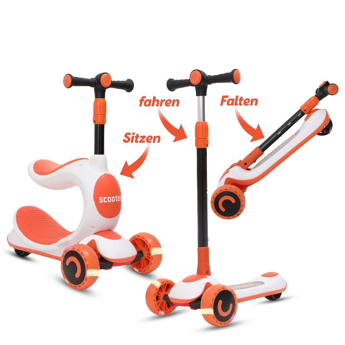 Habib Gruppe Kinderroller Tretroller - 2 - in - 1 Scooter mit Sitz, LED Rädern, Höhenverstellbar & Faltbar (2 - 10 Jahre) - Sicher & Robust - Europebazar