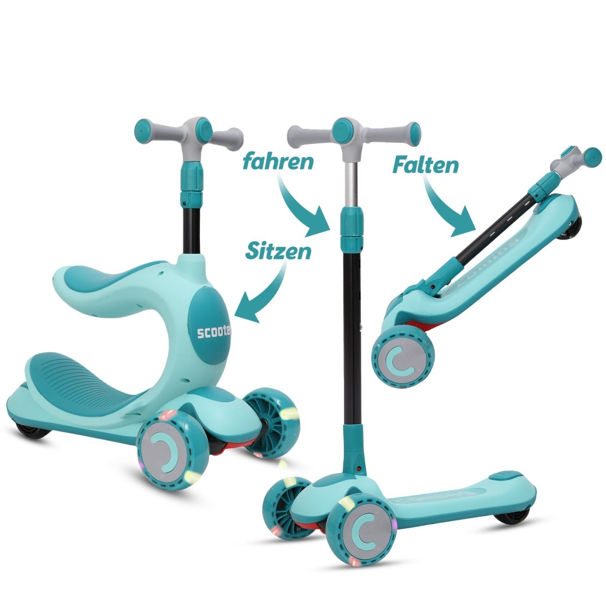 Habib Gruppe Kinderroller Tretroller - 2 - in - 1 Scooter mit Sitz, LED Rädern, Höhenverstellbar & Faltbar (2 - 10 Jahre) - Sicher & Robust - Europebazar