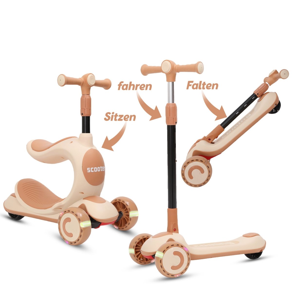 Habib Gruppe Kinderroller Tretroller - 2 - in - 1 Scooter mit Sitz, LED Rädern, Höhenverstellbar & Faltbar (2 - 10 Jahre) - Sicher & Robust - Europebazar