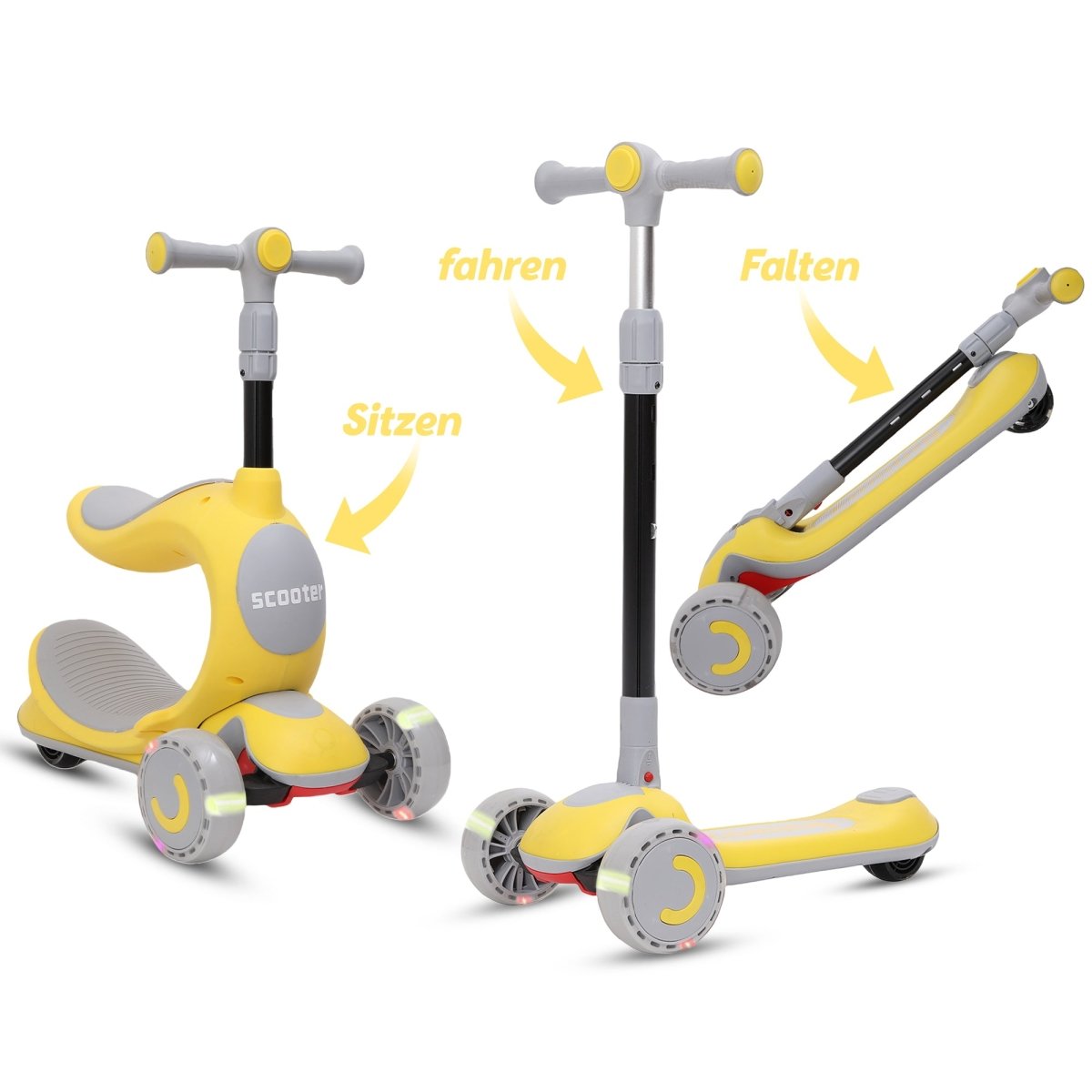 Habib Gruppe Kinderroller Tretroller - 2 - in - 1 Scooter mit Sitz, LED Rädern, Höhenverstellbar & Faltbar (2 - 10 Jahre) - Sicher & Robust - Europebazar